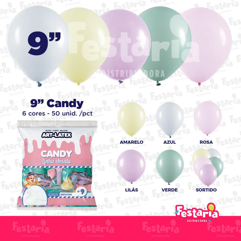 Balão Redondo Candy 9" Profissional - 50 Unidades - Linha Amalu Art Latex