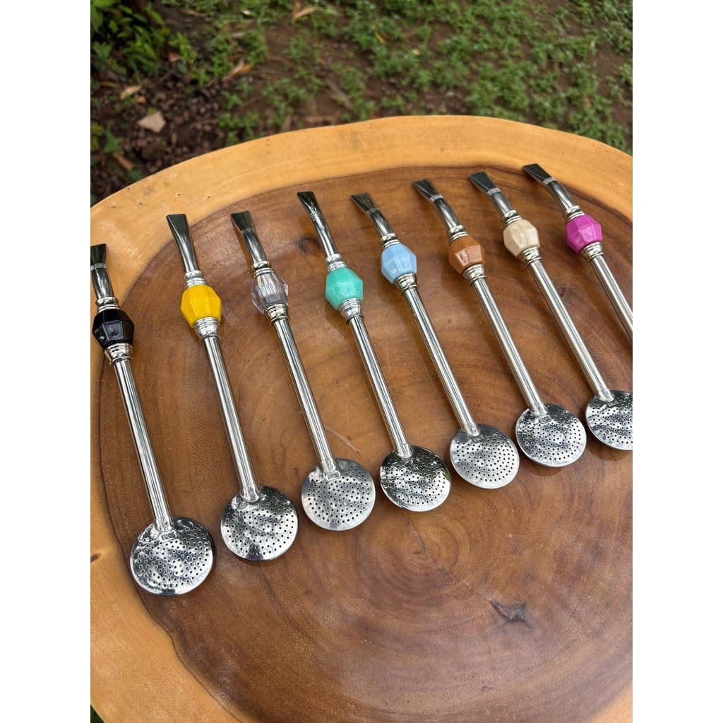 Bomba de Chimarrão Inox Com Pedra Colorida Sem Rosca