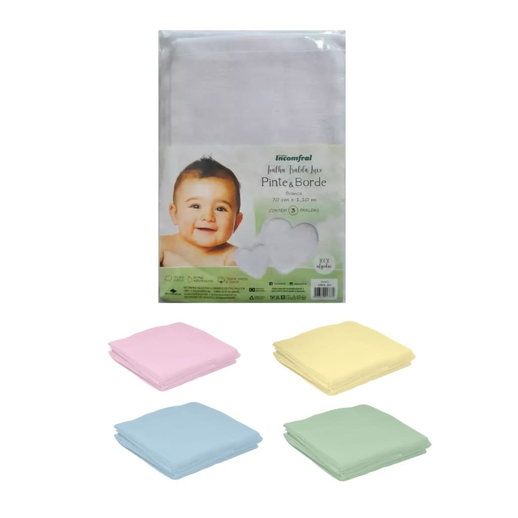 Toalha Fralda Luxo Pinte e Borde Branca 3 Unidades 70Cm x 110Cm Incomfral 100% Algodão