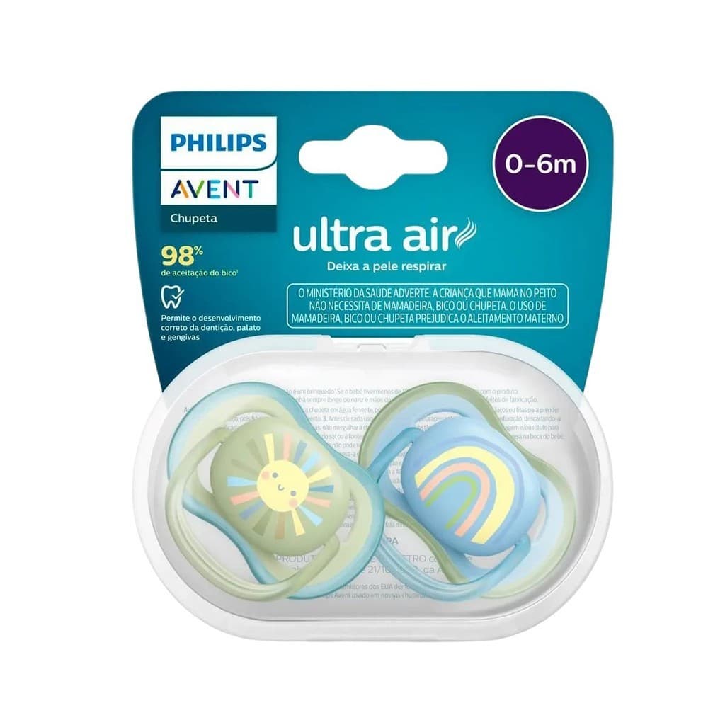Chupeta Ultra Air Philips Avent 0–6 Meses – Kit Duplo Azul e Verde (SCF085/58)