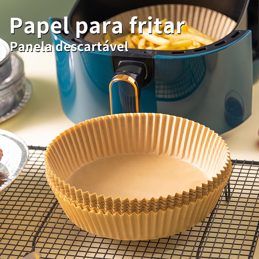 Forro de Papel Redondo para Air Fryer 50 Peças Descartável Antiaderente Tapete de Cozimento para Preparo de Alimentos
