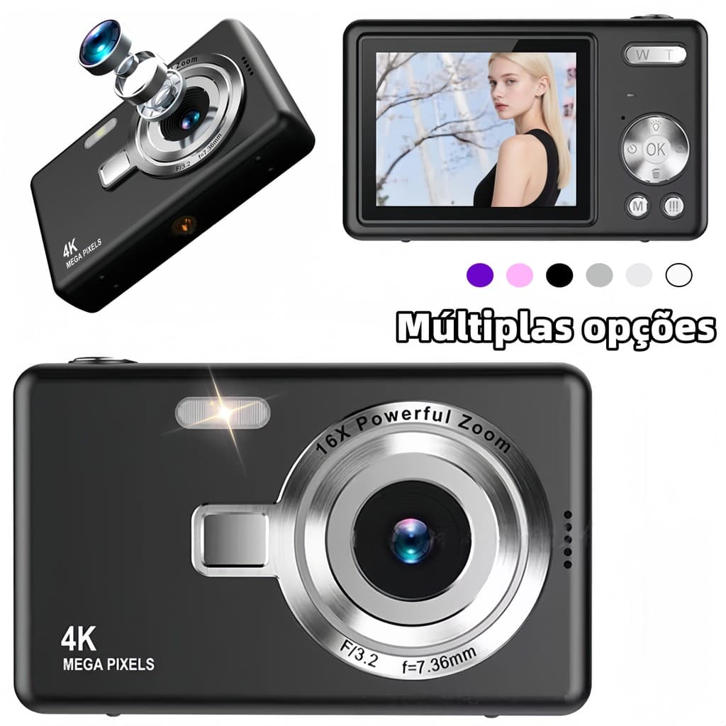 Câmera Digital CCD 4K – Mini Retro com 44MP Full HD 1080P | Auto Retrato, Viagens, Estilo Estudantil e Zoom de 16x
