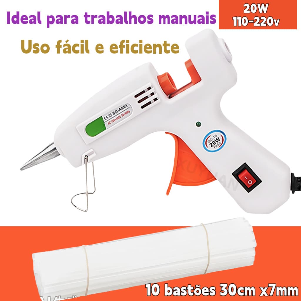 Pistola de Cola Quente Bivolt 110V/220V 20W Artesanato Profissional + 10 Bastões 7mm x 30cm