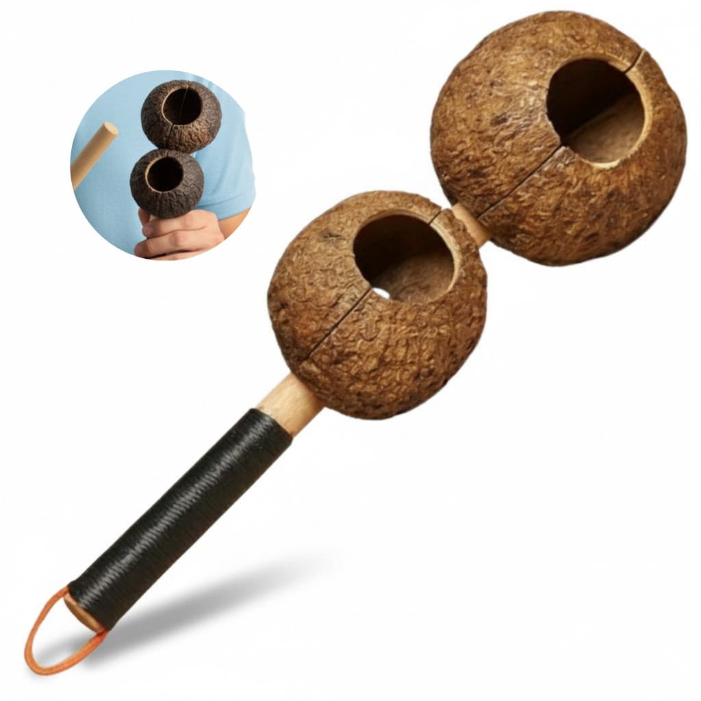 Agogô Artesanal de Ouriço da Castanha-do-Pará 31 cm Musical Duas Bocas Cabo e Baqueta em Pinus Samba