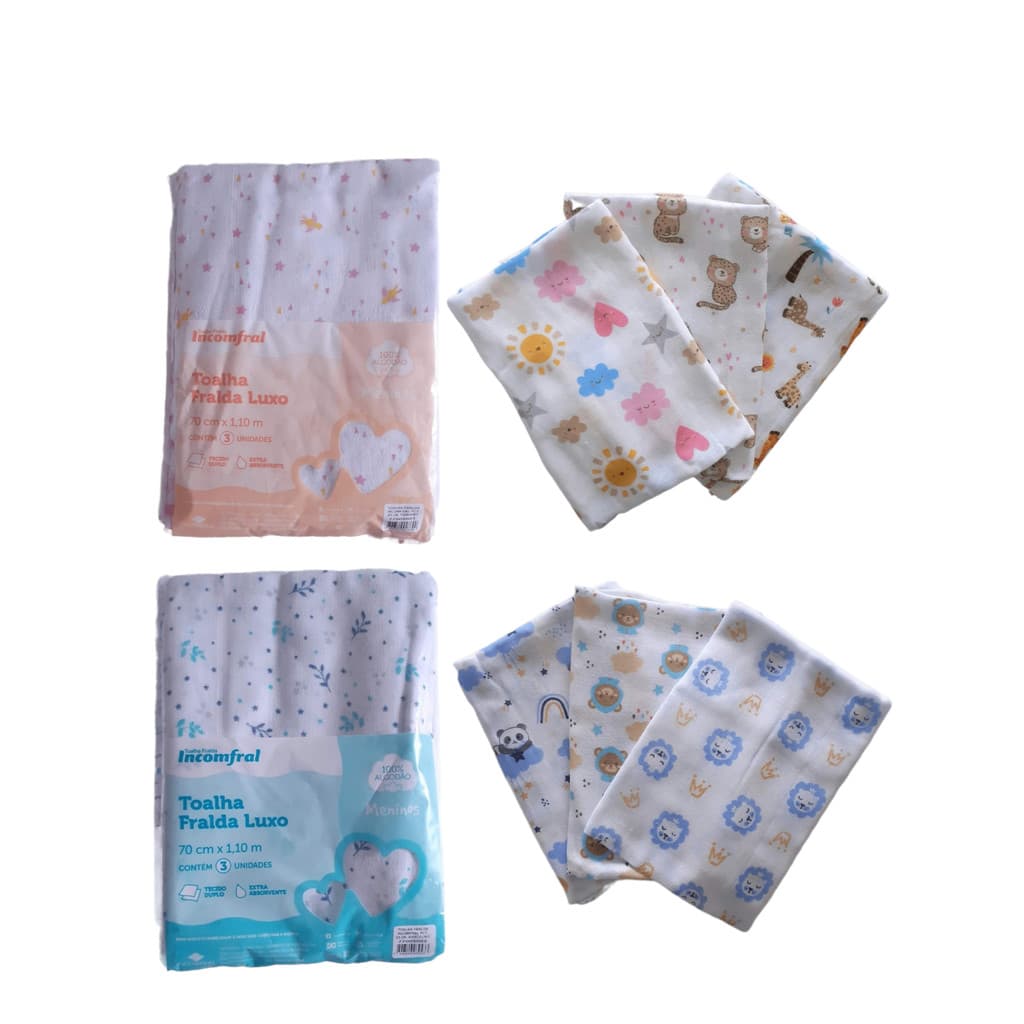 Toalha Fralda Bebê Kit Com 3 Unidades Luxo 100% Algodão Incomfral