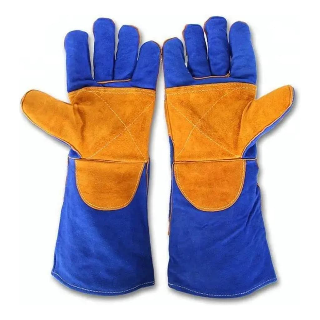 Luva Soldador Solda Térmica Alta Temperatura Calor Couro Raspa Punho Longo Reforçada CA Soldagem Azu