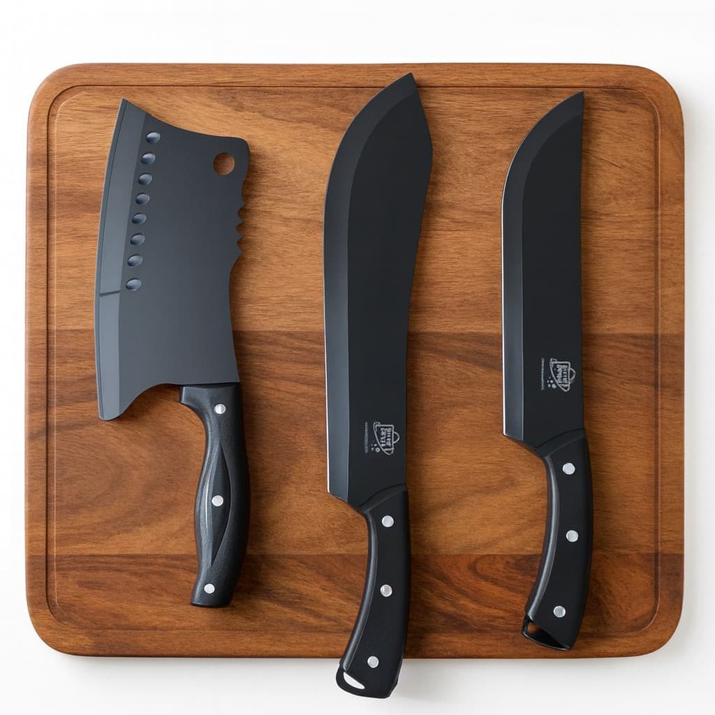 Kit Facas Churrasco Profissional Caça 3 Peças Lâmina Black Inox Premium Resistente