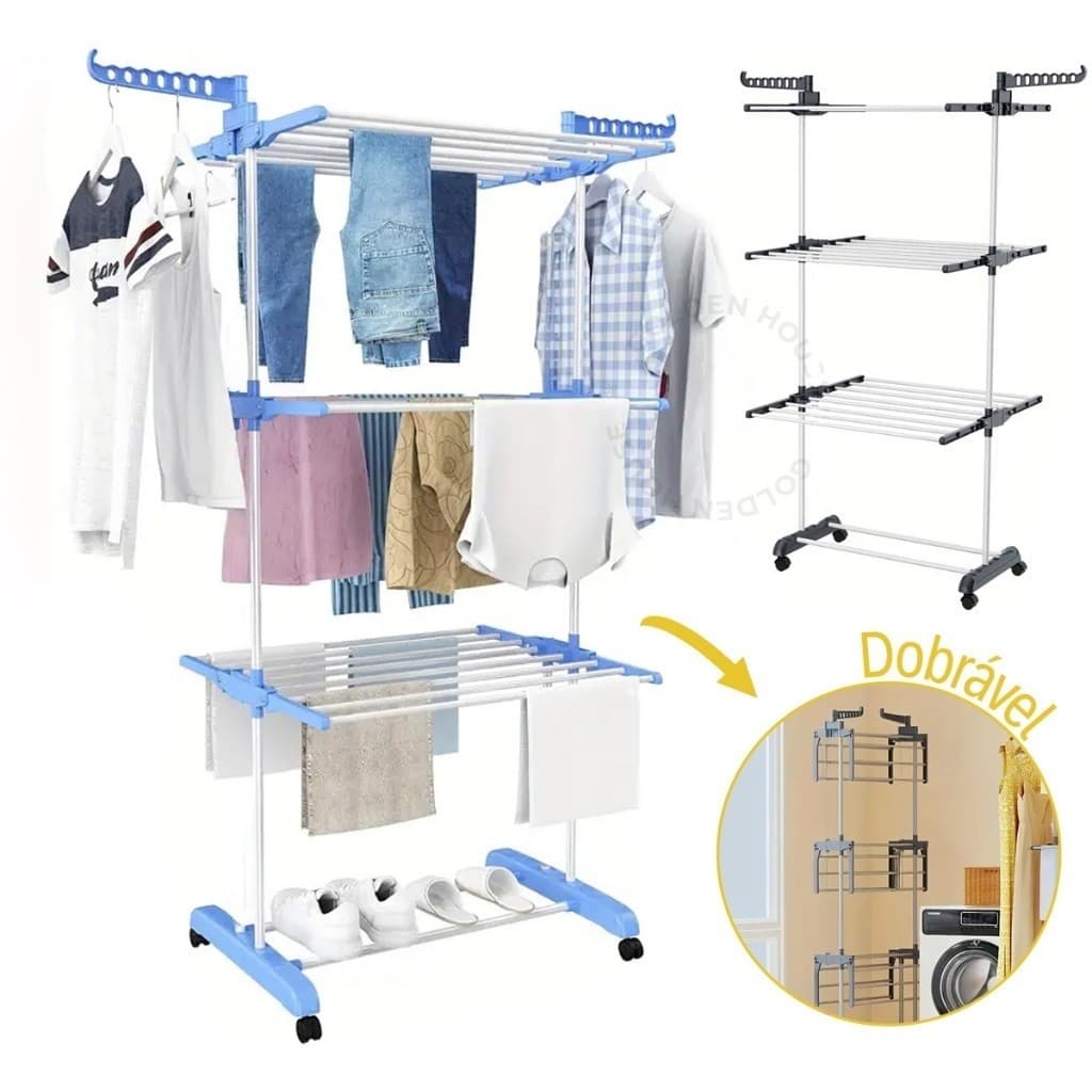 Rack de secagem retrátil, compacto e dobrável de três camadas, com rodas