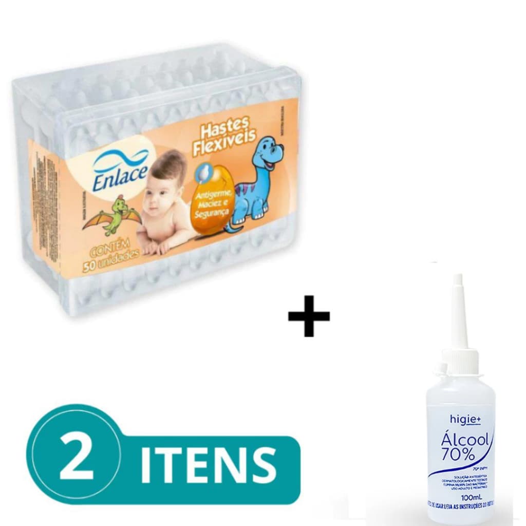 Kit Primeiros Cuidados Recém Nascido Hastes Flexíveis RN/Alcool  70 % Higie+