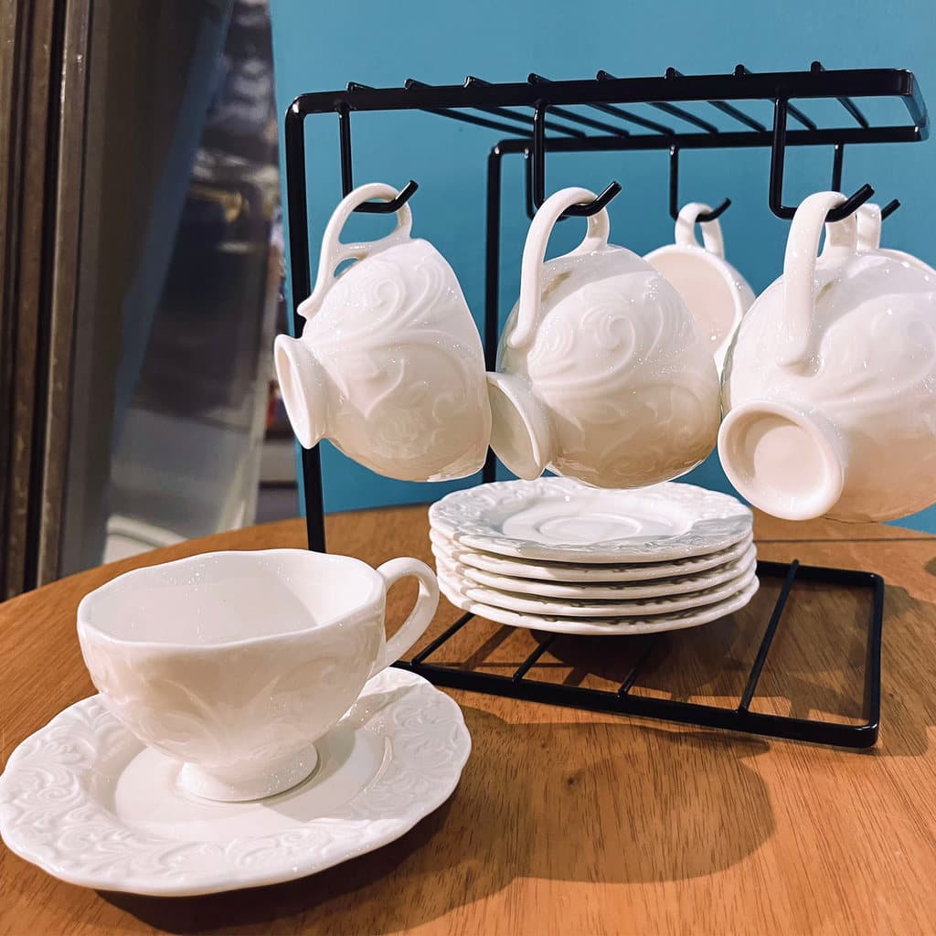 Conjunto Xícaras Café Porcelana Luxo 12 Peças - Pires Elegantes - Presente Fino