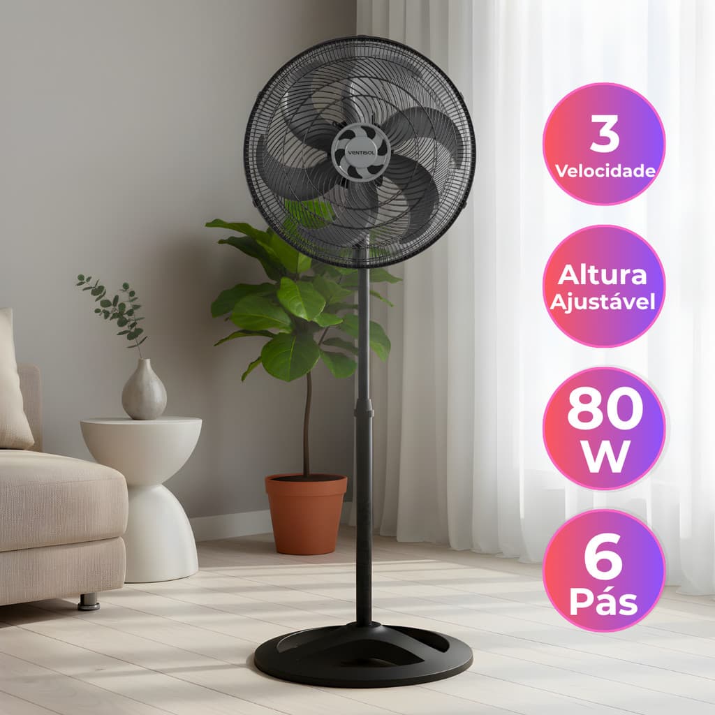 Ventilador de Coluna 40cm Ventisol Turbo6 6Pas Preto 110V ou 220V Silencioso e Potente
