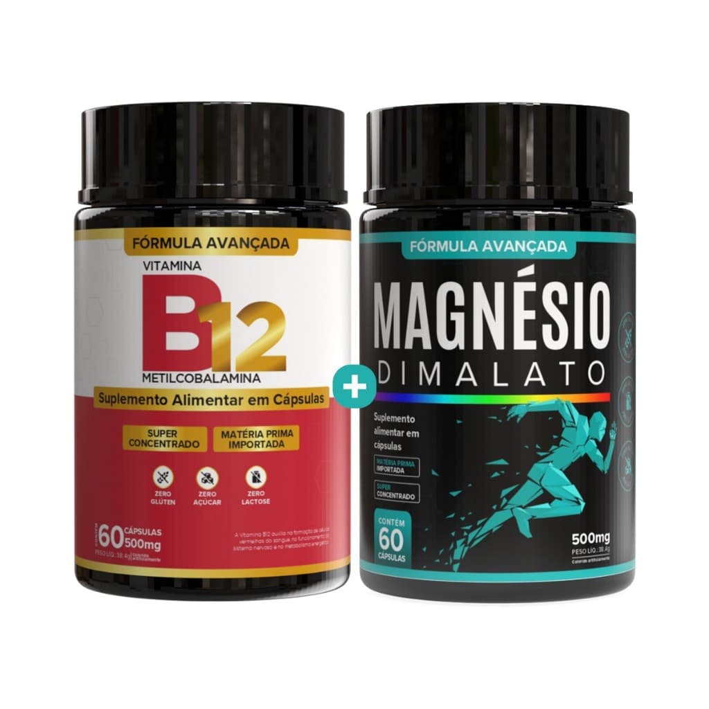 KIT VITAMINA B12 + MAGNÉSIO DIMALATO ENERGIA, DISPOSIÇÃO, FORÇA MUSCULAR - 120 CAPS