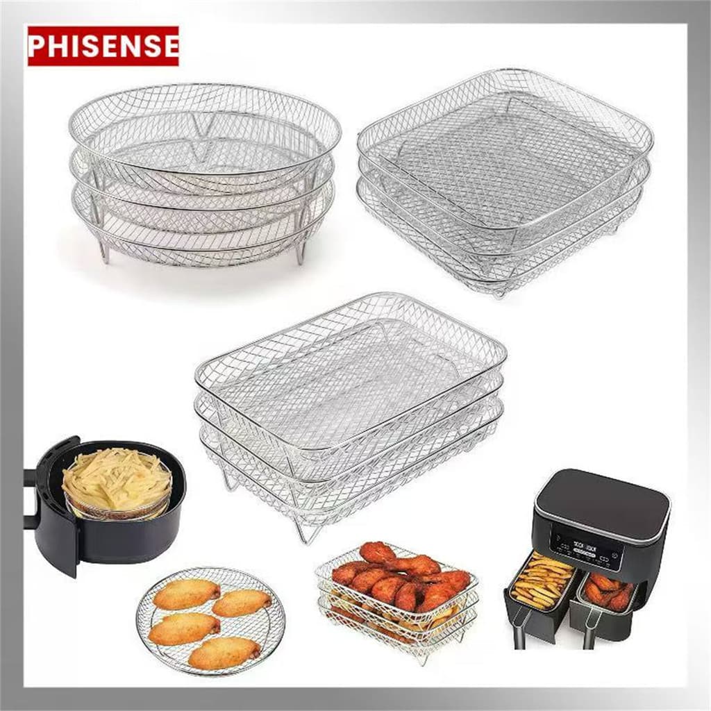 Grelha Para Air Fryer Quadrada,Retângulo,Redondo 3 Andares Aço Inox Cozinha