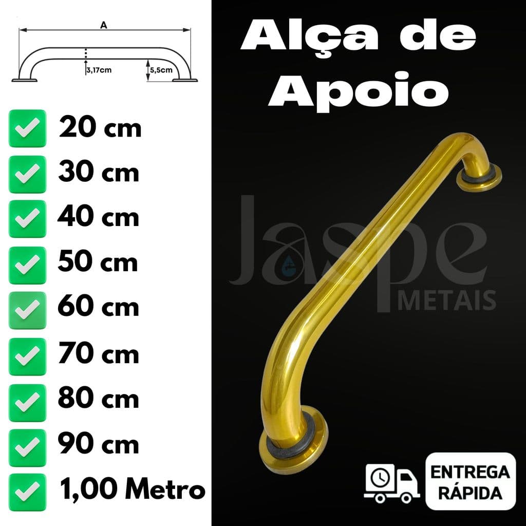 Alça de Apoio Dourada em Alumínio 20cm a 1Metro Banheiro PCD Idoso Segurança Corrimão