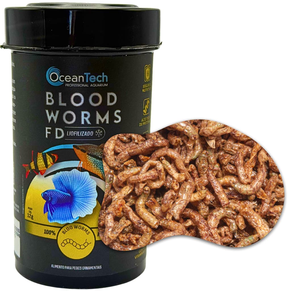 Ocean Tech Blood Worms FD 12g Larvas Vermelhas Liofilizadas Alimento Natural para Peixes de Aquário