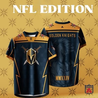 Novos Lançamentos Quentes AMIGO NFL Sublimação Microfibra jersey Camiseta Design GOLDEN KNIGHT baju jersi viral Top