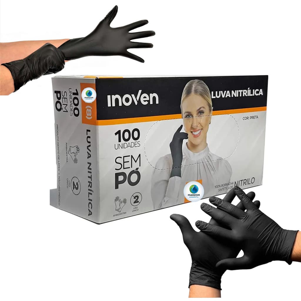 Luva Nitrilica Preta Sem Pó Descartavel Caixa 100 un Inoven Borracha P M G Pequena Media Grande Procediment Profissional