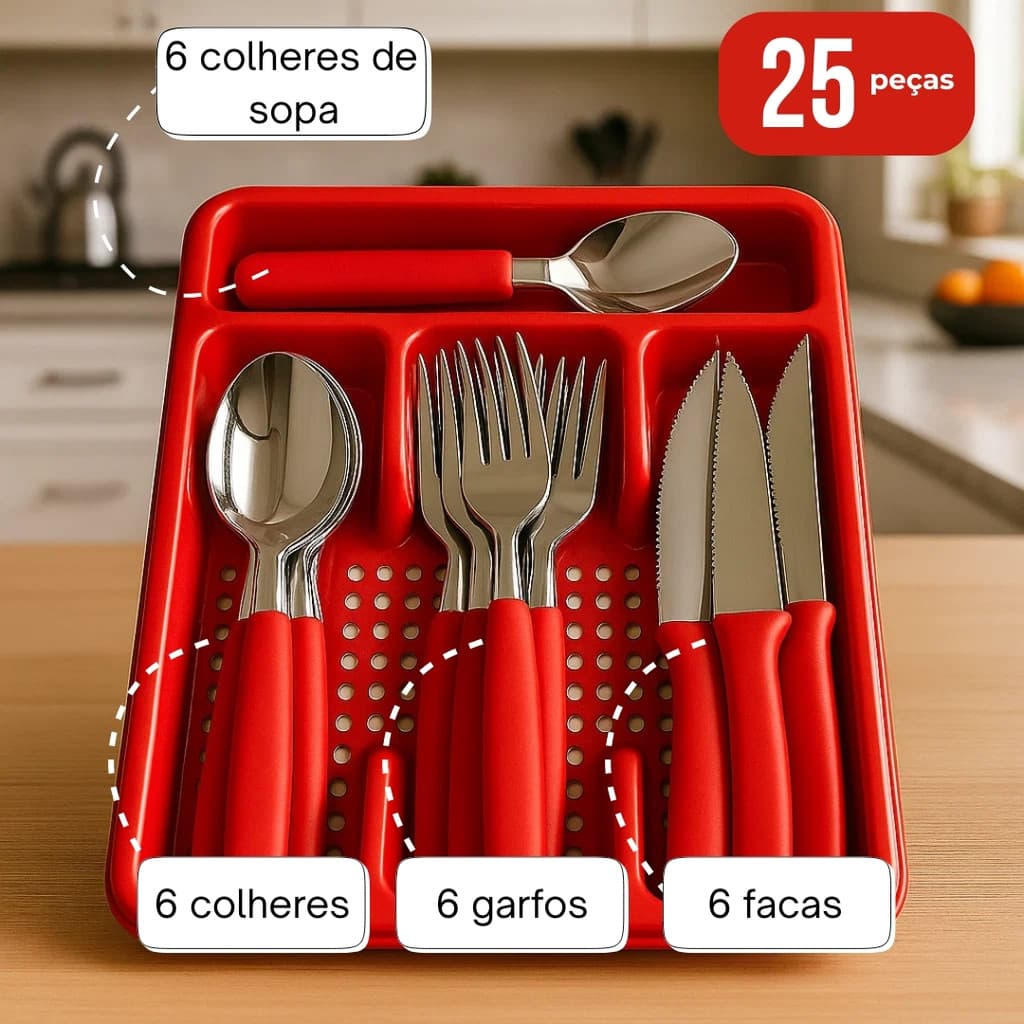 Jogo de Talheres 24 Pecas Inox Com Suporte Gaveteiro Brinde Talher Premium Sortido