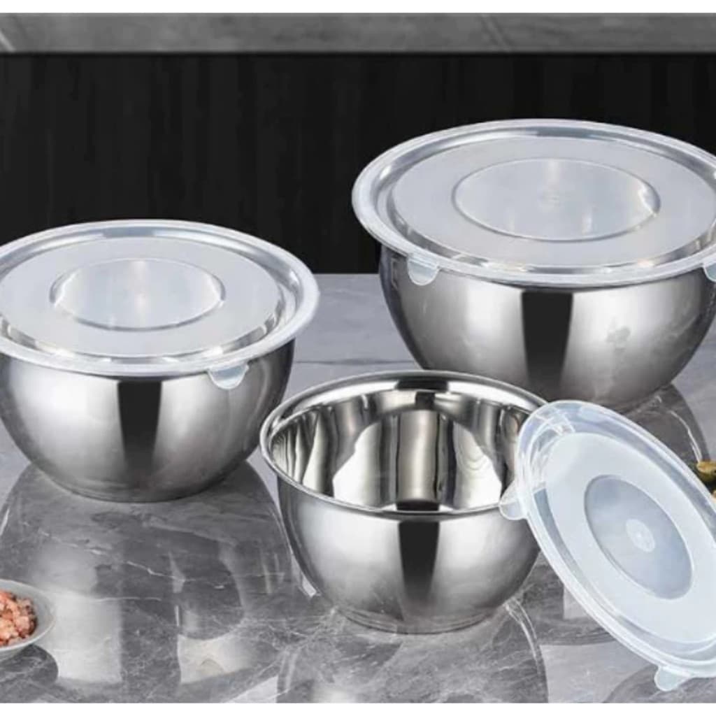 Conjunto 22/26/30CM de Bowls Electrolux Tigelas de Inox com Tampa Plastica - bacia inox bowl inox