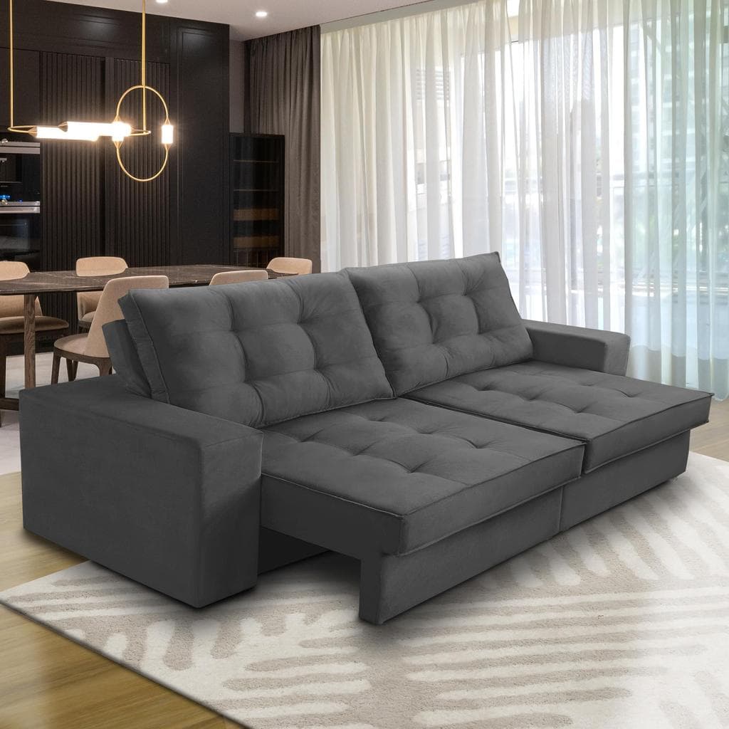 Sofá Retrátil e Reclinável 3 lugares 2,30m com Molas Marcela Suede Cinza Adonai Estofados