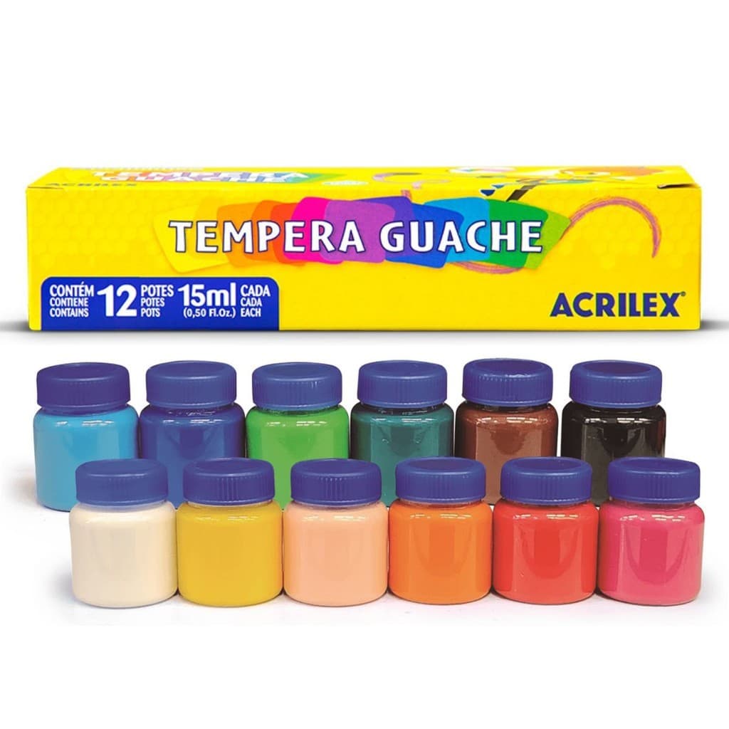 Tinta Tempera Guache Infantil Pintura Pintar Tela Desenhar kit 12 cores 15ml Acrilex