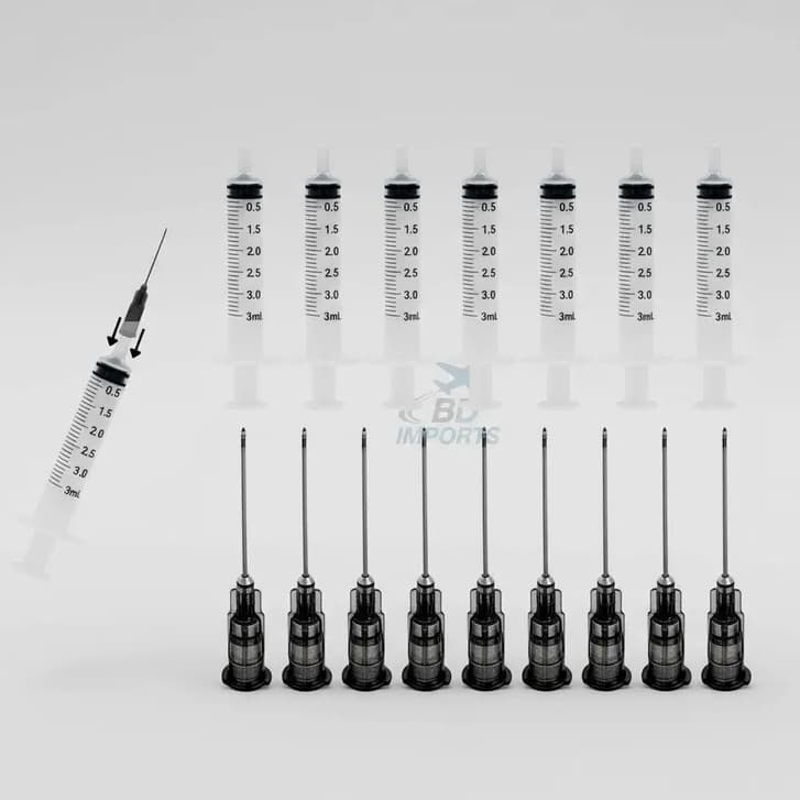 Kit Seringa e Agulha Luer Lock 3ml 25x0,70 Preta 30 50 100 Descartável Hipodérmica - BICO ROSCA