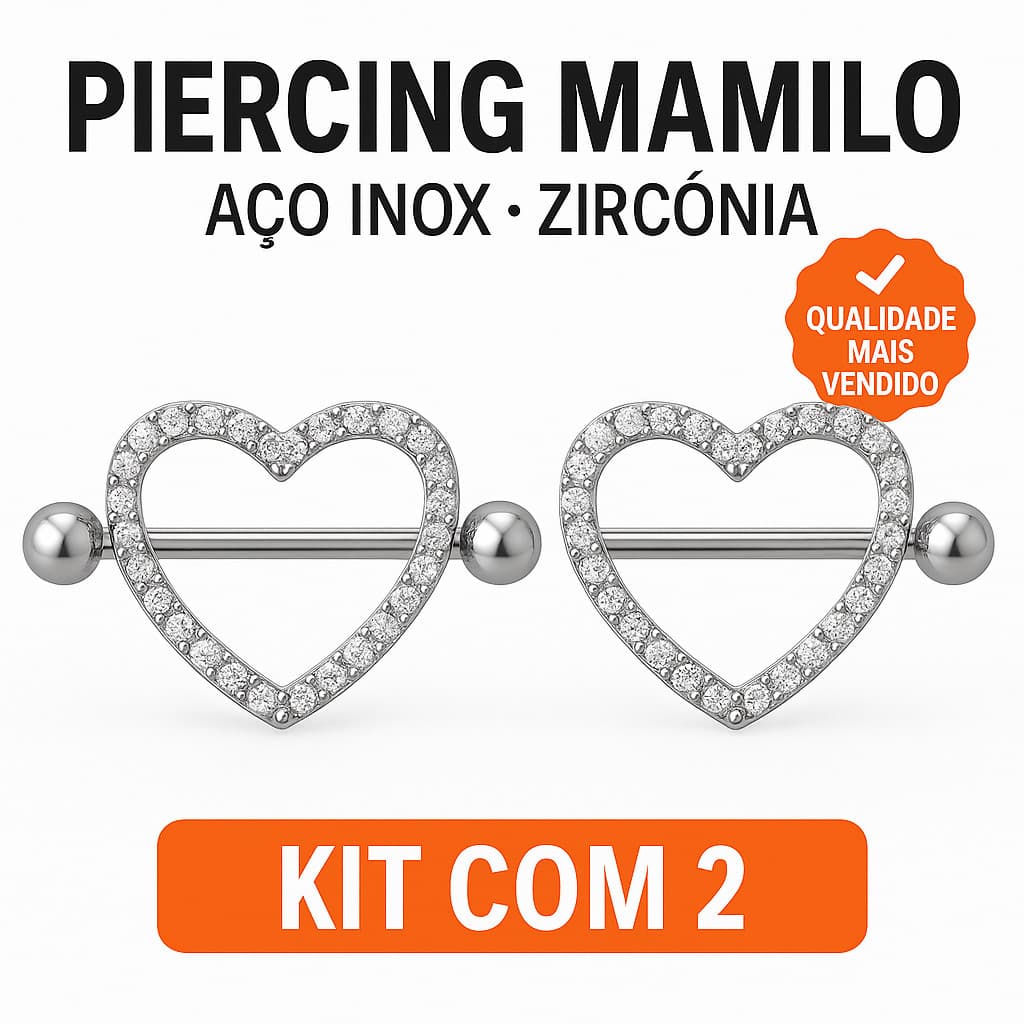 Kit 2 Piercing Mamilo Seios Peito Modelo Coração Cravejado com Zirconia Cristal Aço Inox