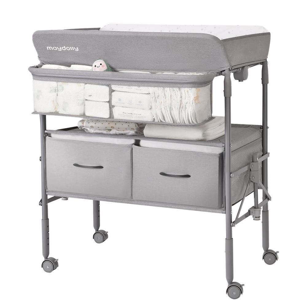 Trocador de Bebê Portátil Maydolly - Dobrável com Gavetas - Cinza