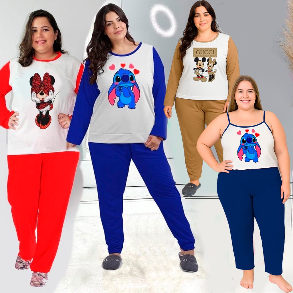 Pijama Feminino PLUS SIZE Barato Blusa Longa e Calça Luxo Inverno Personagens
