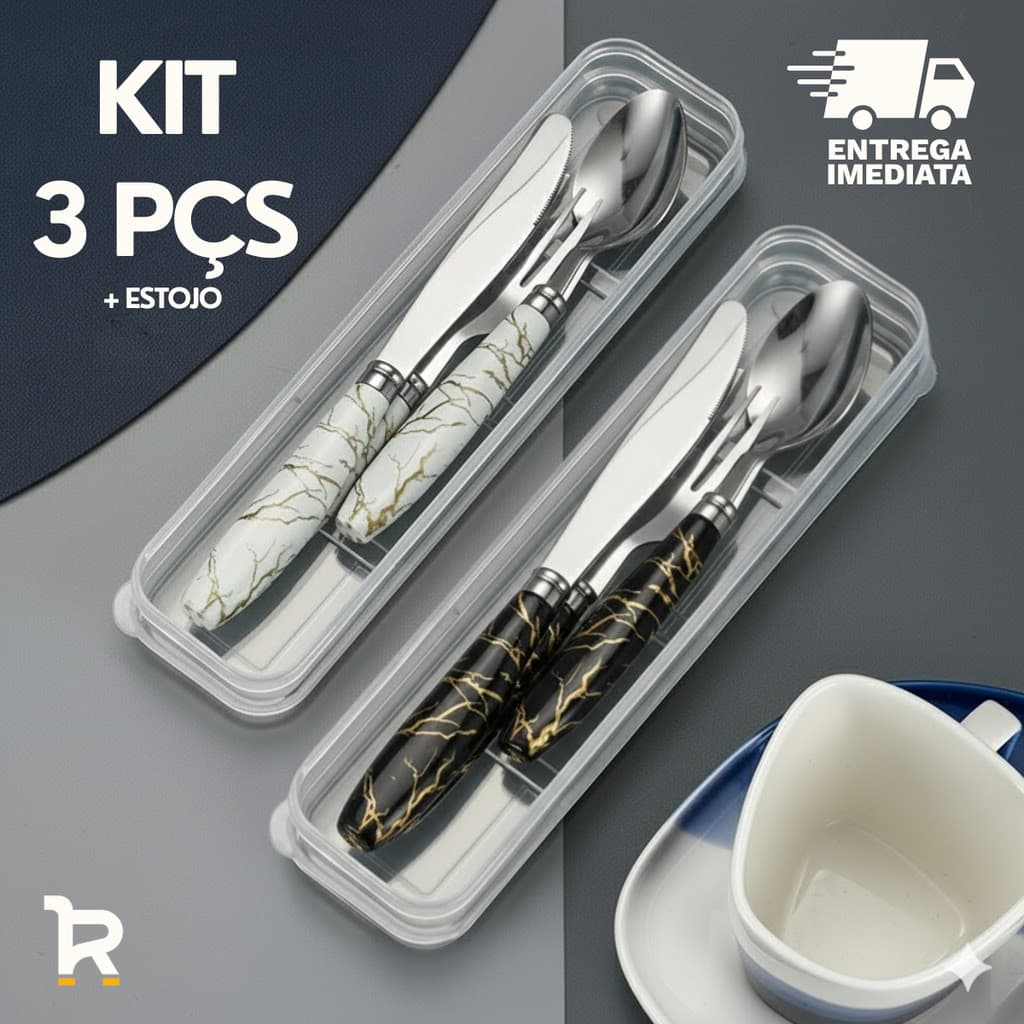 Jogo de Talheres com Estojo Inox Marmorizado 4 Pçs Garfo Faca Colher Cabo de Plástico Marmita Viagem