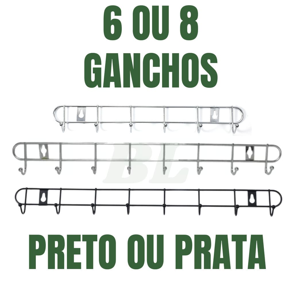 Suporte 6 ou 8 Ganchos Cabideiro De Parede Aço Inox Multiuso