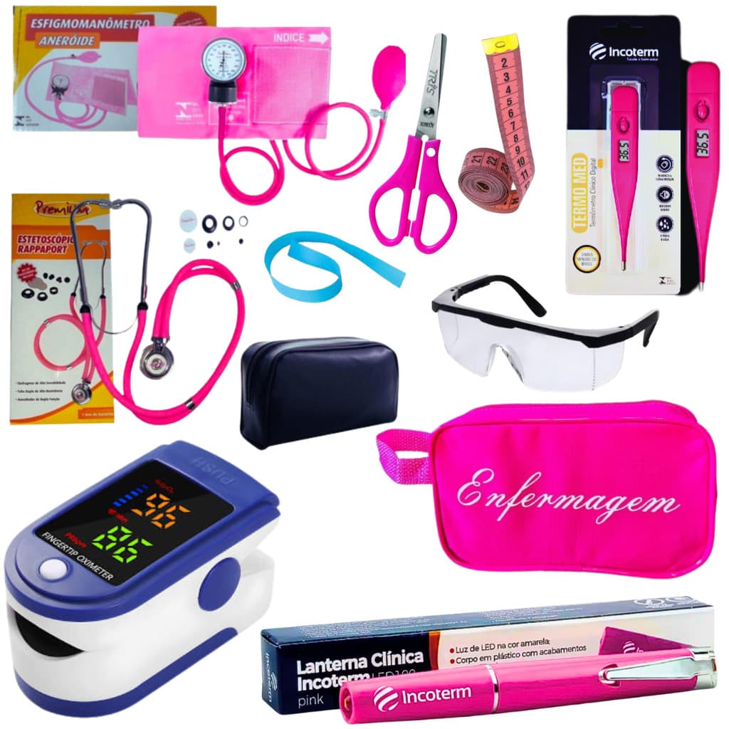 Kit Enfermagem Aparelho de Pressão + Estetoscópio Completo + Oxímetro + Lanterna +  Nécessaire
