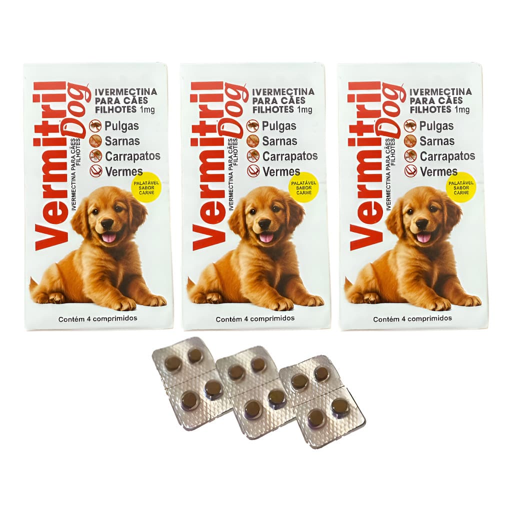Vermitril Filhotes 3kg Anti Pulgas, Carrapatos e sarnas - 12, 8 OU 4 Comprimidos Mastigáveis