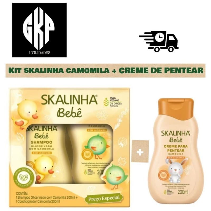 KIT 3 ITENS SHAMPOO 200ML, CONDICIONADOR 200ML, CREME DE PENTEAR 200ML CAMOMILA SKALINHA