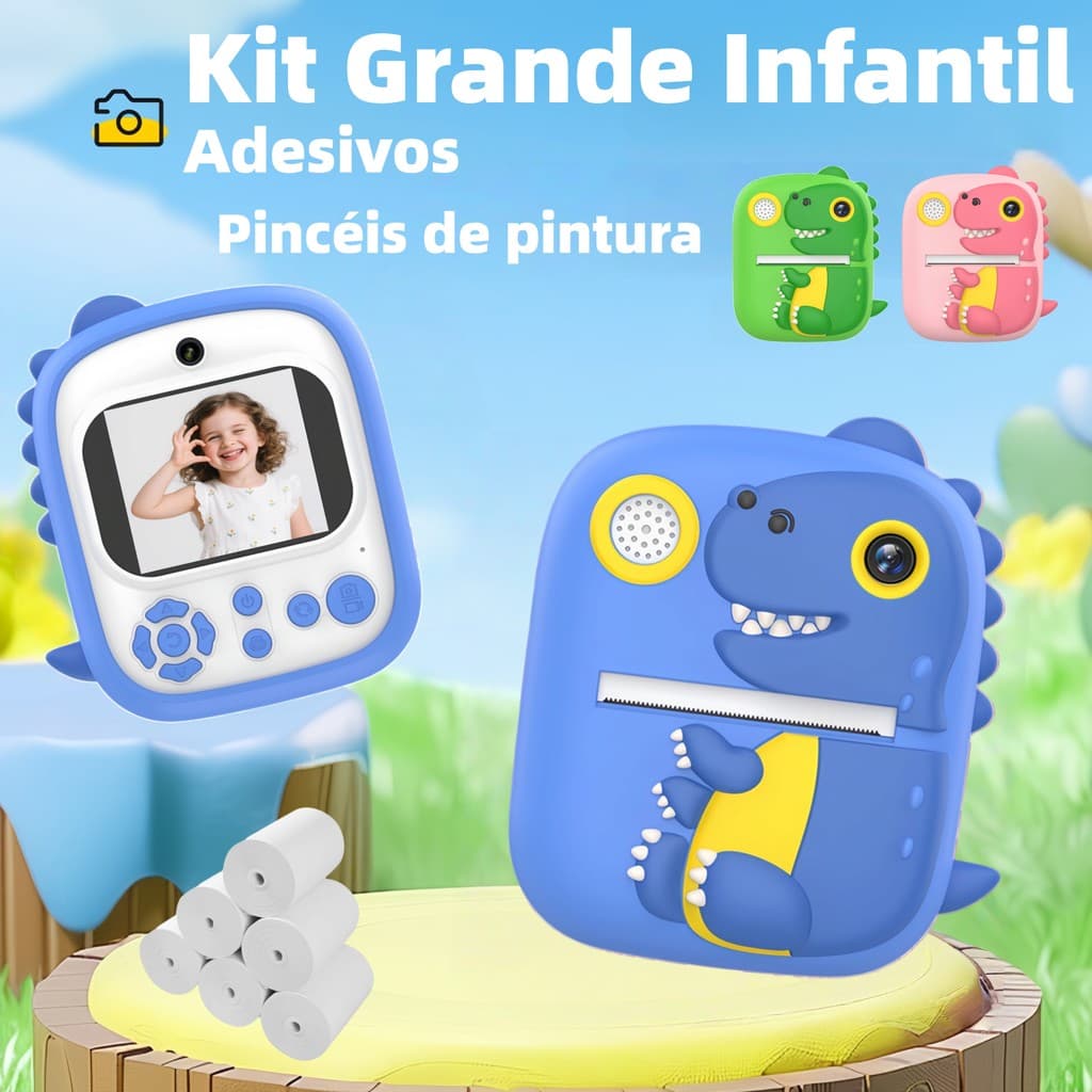 Kit Infantil — Câmera de Impressão com Formato de Dinossauro +Adesivos Animados + Pincéis de Pintura