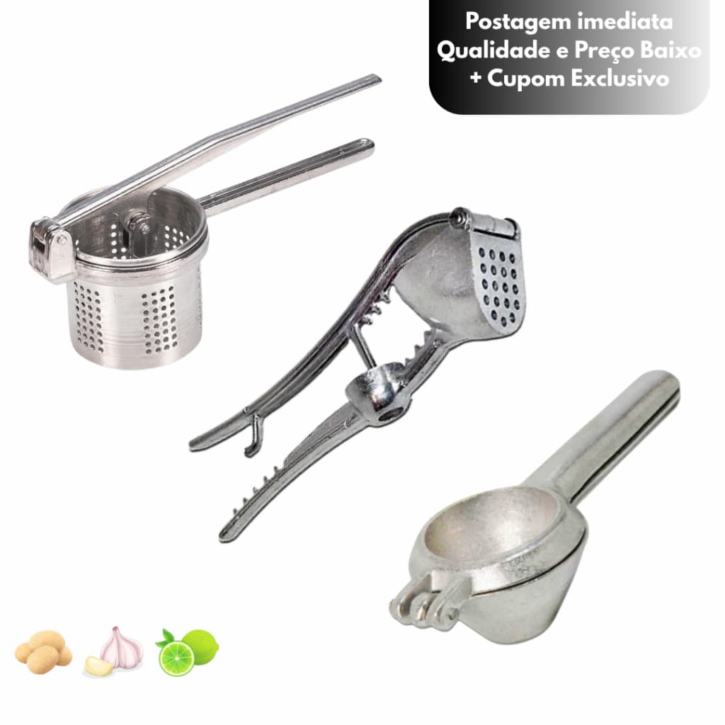 Amassador de Batata Profissional + Espremedor de Limão + Espremedor de alho 5 em 1 | Kit Resistente