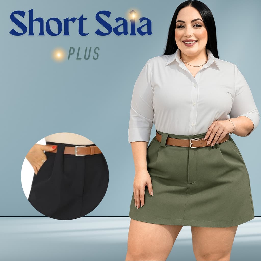 Short Saia Cinza Com Cinto Feminina Plus- Para Sua Melhor Ocasião