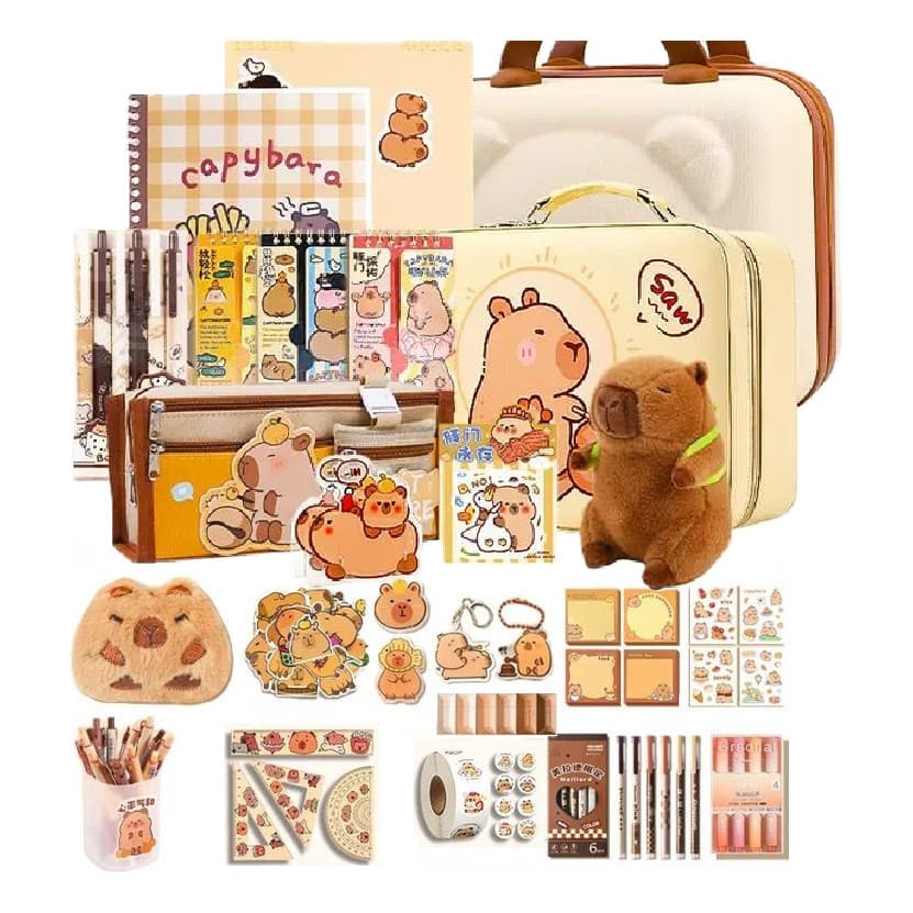 Kit de Papelaria Capybara Fofo 31 Peças com Maleta, Conjunto Completo e Seguro para Escola