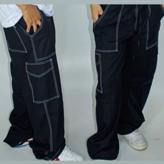 Calça cargo preto com linha branco modero unissex streetswear skatista
