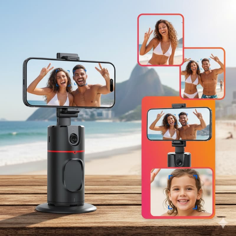 Suporte Gimbal 360° P02 com Controle Remoto e Rastreamento Facial Automático para Vídeos e Lives