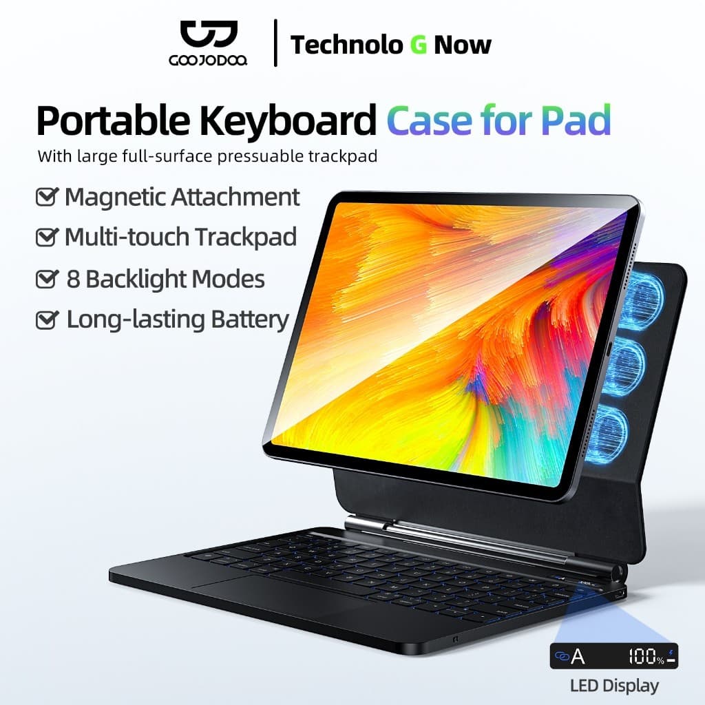 Teclado Magnético GOOJODOQ Para Air4/5/6 Pro11 (2018-24) Gen10 A16 2025 Display LED (Em Inglês)