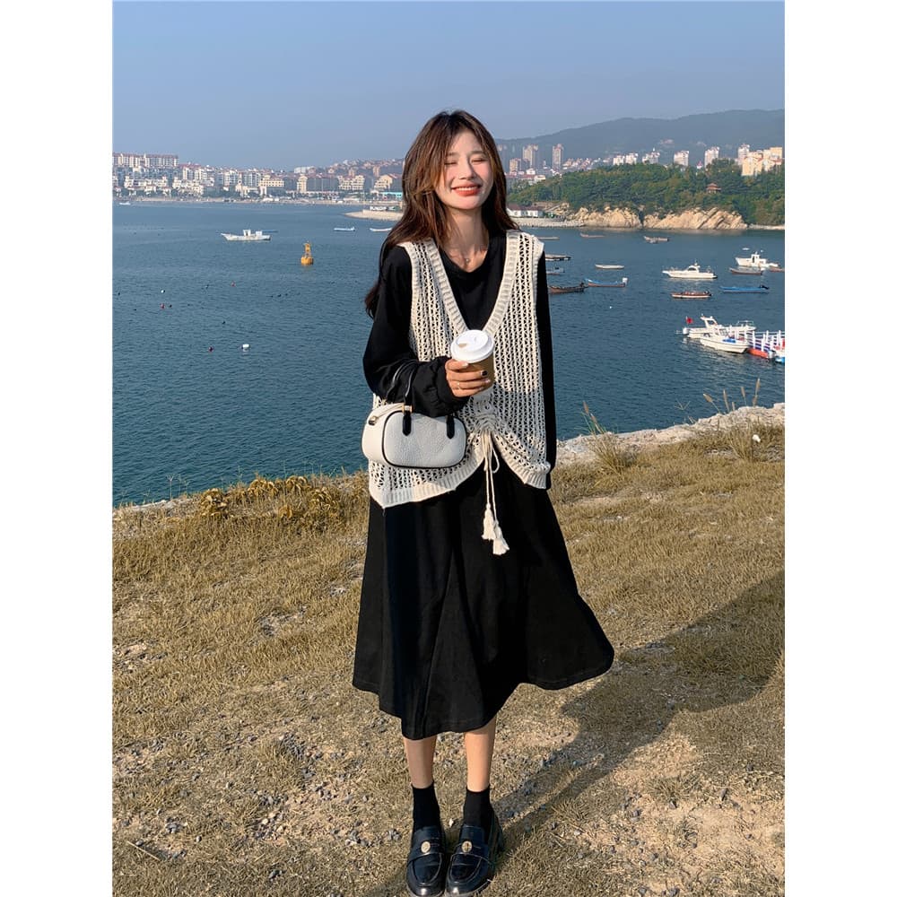 K colete de malha preto moletom vestido feminino primavera outono novo estilo terno Design Casual solto mulheres grávida