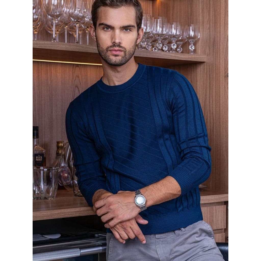 Blusa de Tricot Masculina Sueter Gola Careca Detalhe Canelado Moda Inverno
