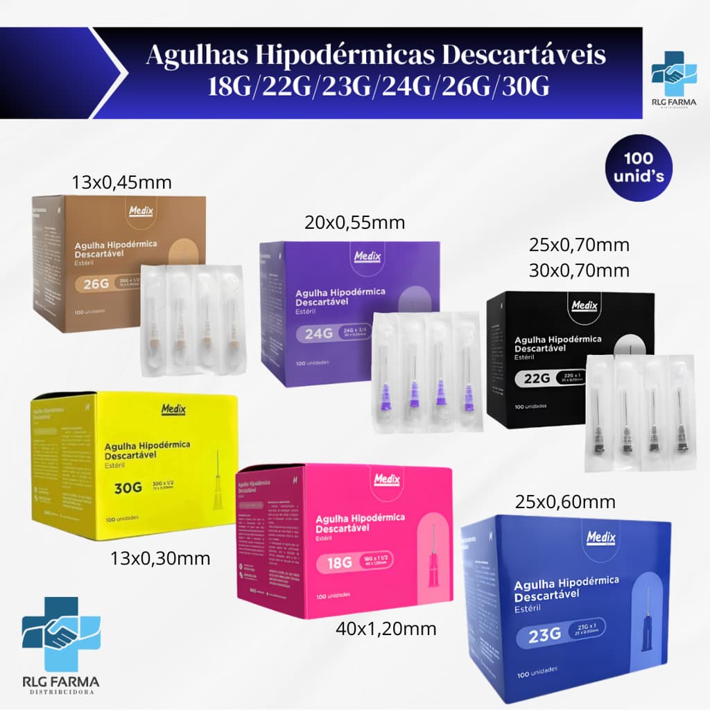 Agulha Hipodérmica Descartável 25X0,70 / 20X0,55 / 13X0,30 / 25X0,60mm Caixa C/100 - Medix