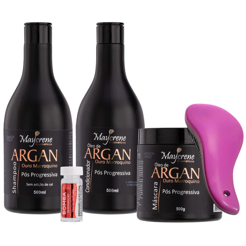 Kit de Tratamento Pós Progressiva Óleo de Argan Shampoo,Condicionador,Máscara  Sem Sal Escova Magica