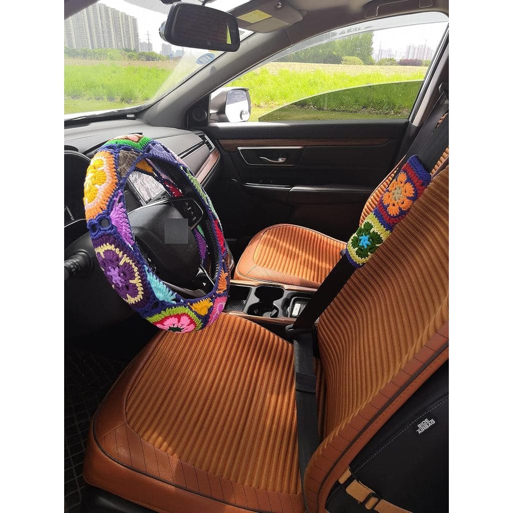 Capa de Volante em Crochê YDM, Design de Girassol, Tamanho Padrão (14-15 polegadas), Algodão, Antiderrapante, Elástica, 