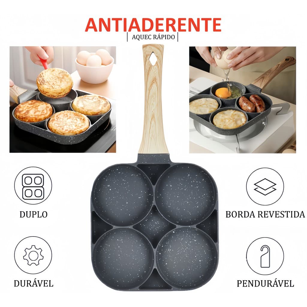 Frigideira Multifuncional 4 em 1 Antiaderente - Ideal para Carne Frita, Ovos, Lanche e Hamburgue, Uso Versátil