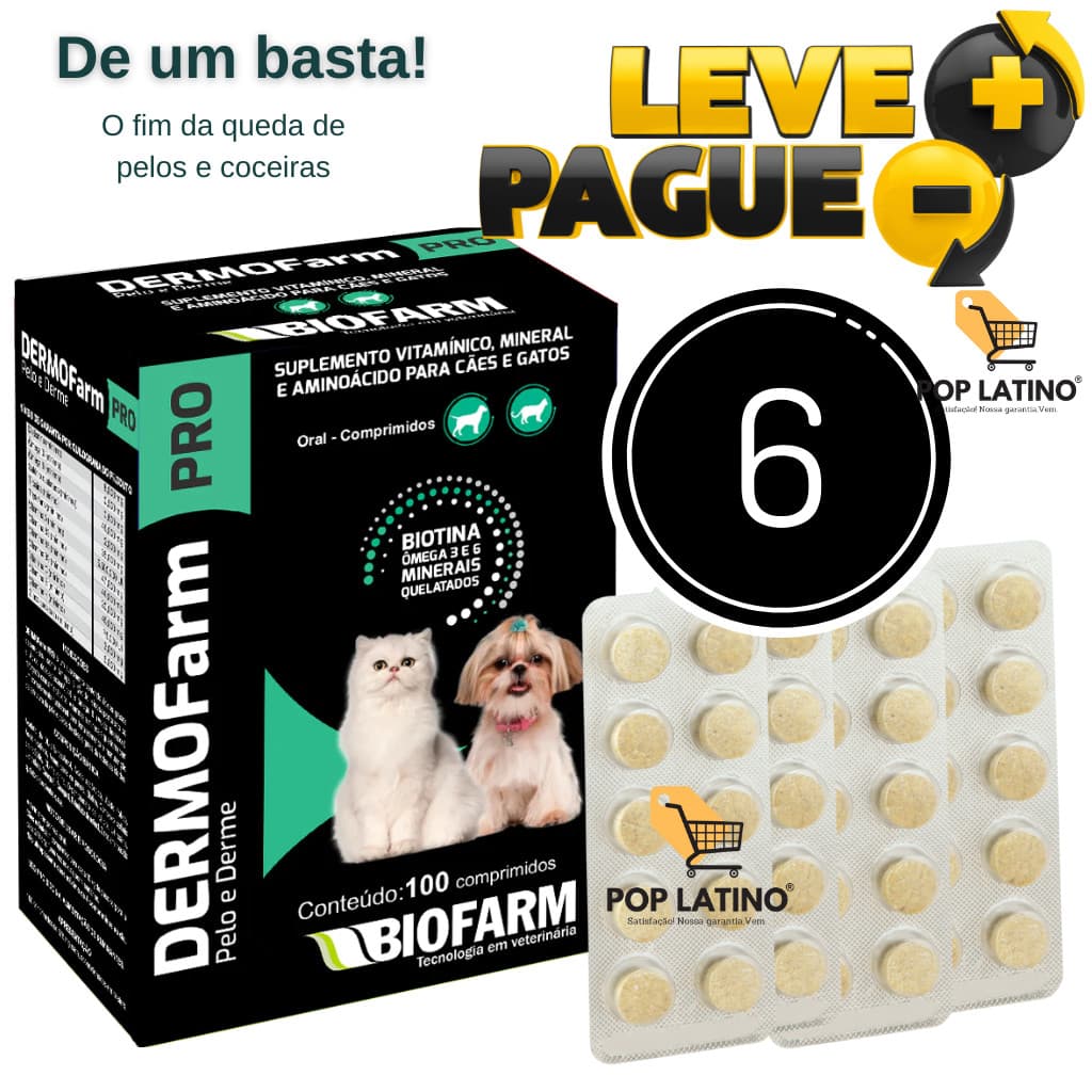 De 1 a 6 Suplemento Vitamínico Dermofarm Pro Cães E Gatos Biofarm | Zero Queda de Pelos e Vitalidade a Mil