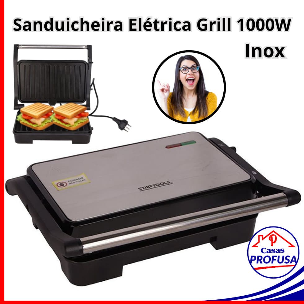 Sanduicheira Elétrica Grill 1000w Inox Grelha Antiaderente Sanduíche Carnes Grelhado Paninis Legumes