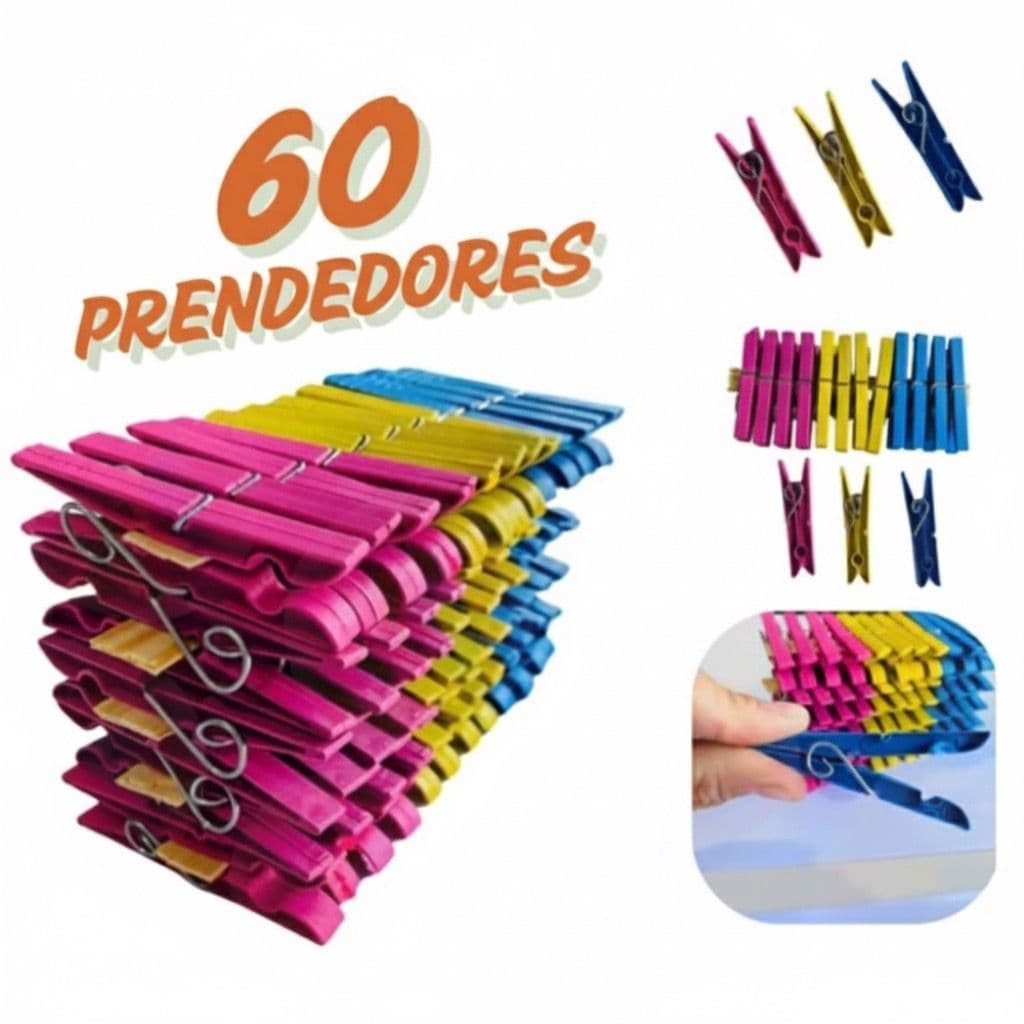 Kit com 60 / 48 / 36 / 24 / 12 Pregadores de Roupa Plástico Reforçado - Cores Sortidas